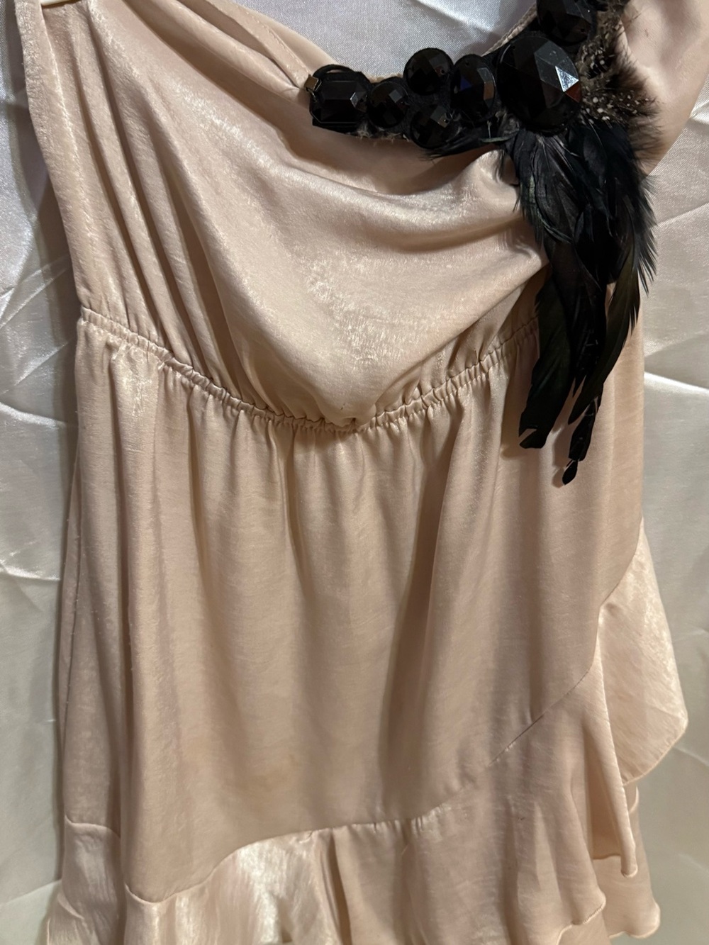 Wish Blush Pink Satin Dress with Black Bead & Feather Trim